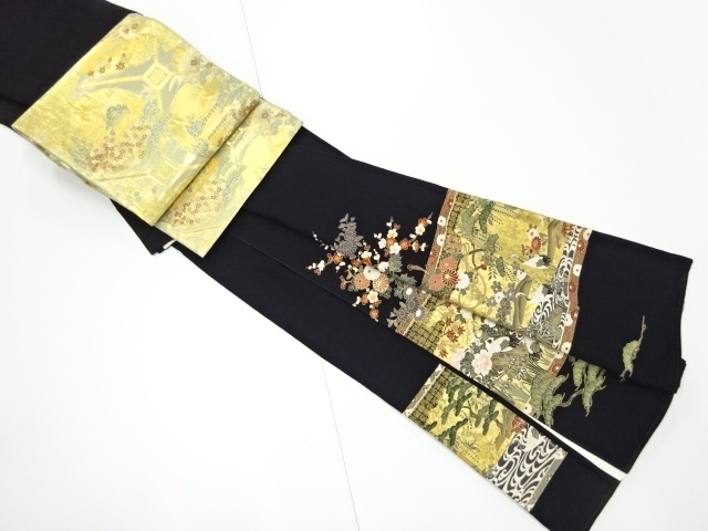 リサイクル　作家物　金彩花車に鶴・花瓶模様留袖(比翼付き)・袋帯セット